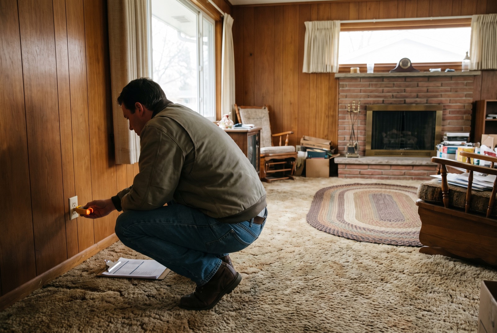 A home inspector testing a wall outlet in a 1960s living room