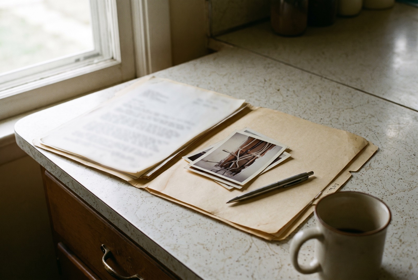 A folder of repair papers and photos of outlets on a kitchen counter